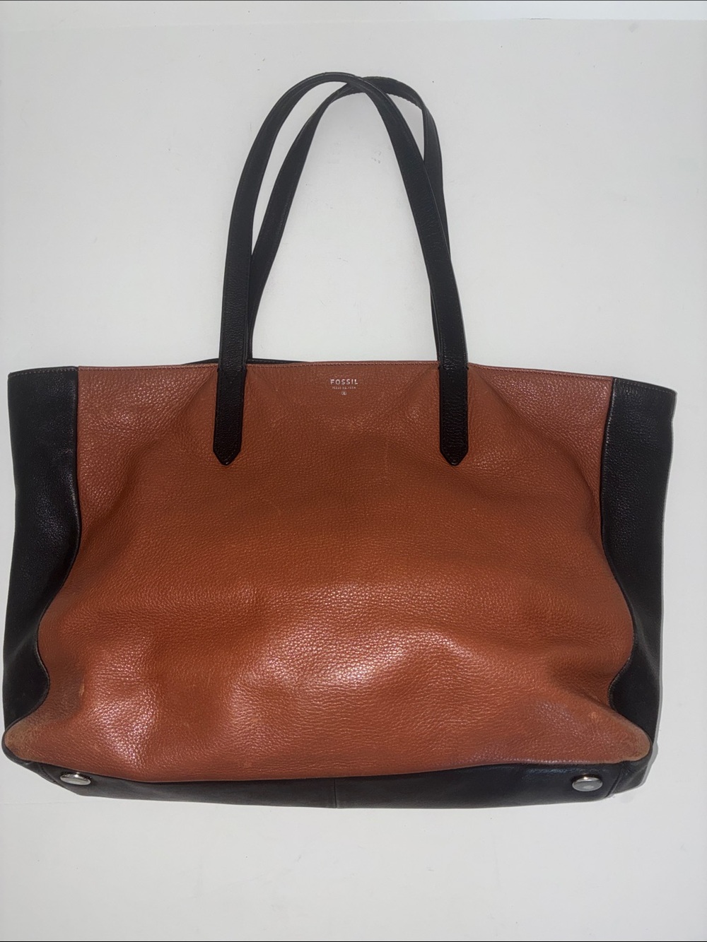 Fossil Sydney Cognac Leather Tote with Black Accents